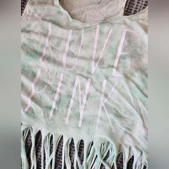 PINK Fringed Tank Top Semi Sheer Tie Dye Turquoise and White - Picture 2 of 5
